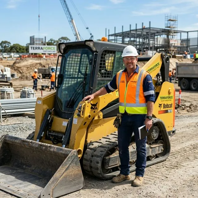 Equipe e operadores da Comercial Terraplanagem ao lado de Bobcat